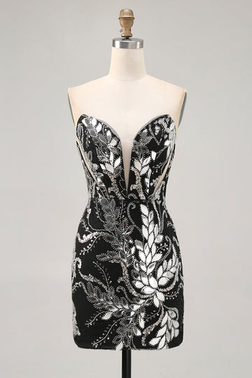 Sparkly Black Bodycon Sequins Short Homecoming Dress with Beading
